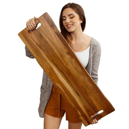 Large Acacia Serving Board with Handles, 36 x 12 Inch Rectangular Charcuterie Platter, Natural Wood Server for Meat, Cheese Board, and Party Appetizers, Extra Long 3ft