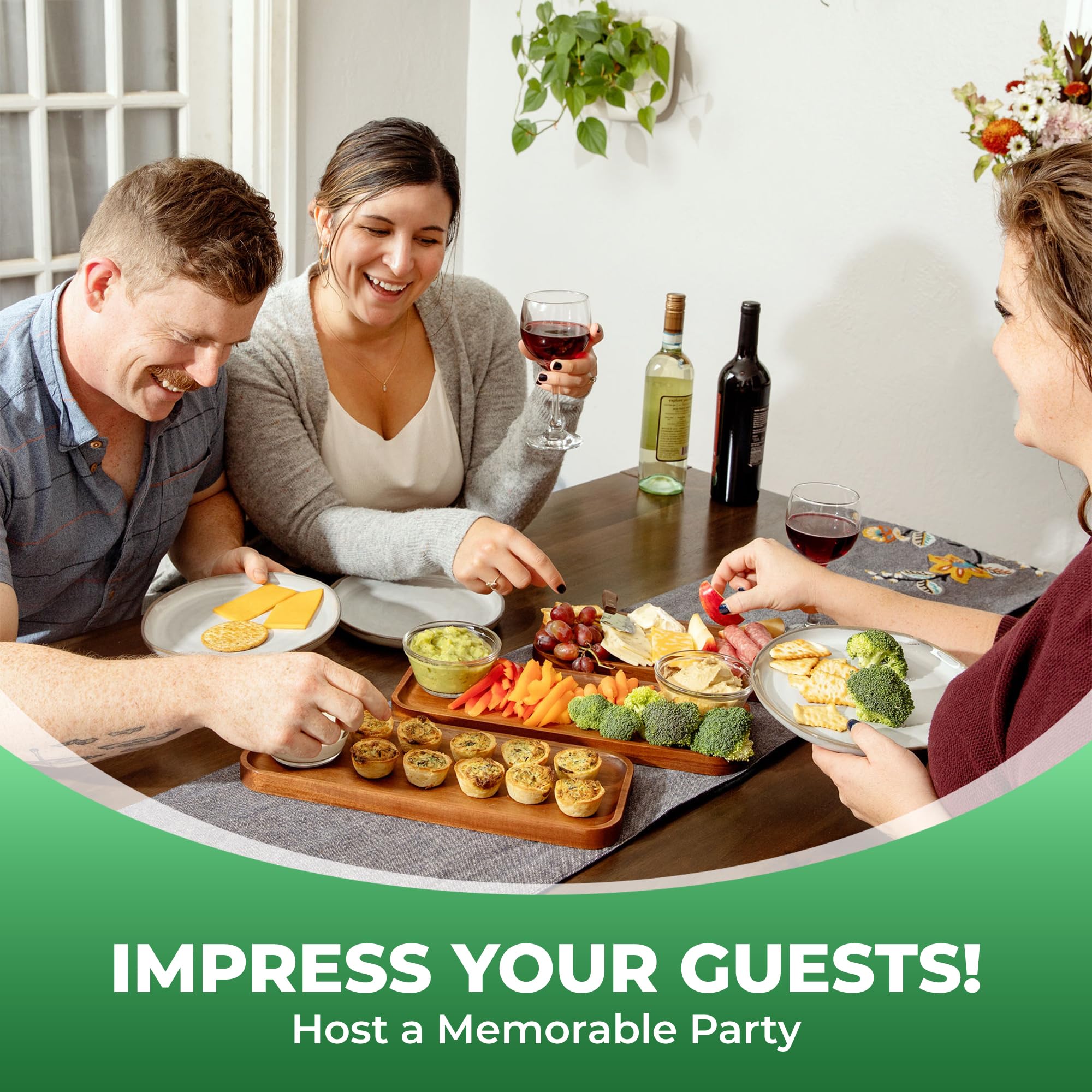 Solid Acacia Wood Serving Trays - Rectangular Wooden Serving Platters for Home Decor, Food, Vegetables, Fruit, Charcuterie, Appetizer Serving Tray, Cheese Board (Set of 3 Plates)