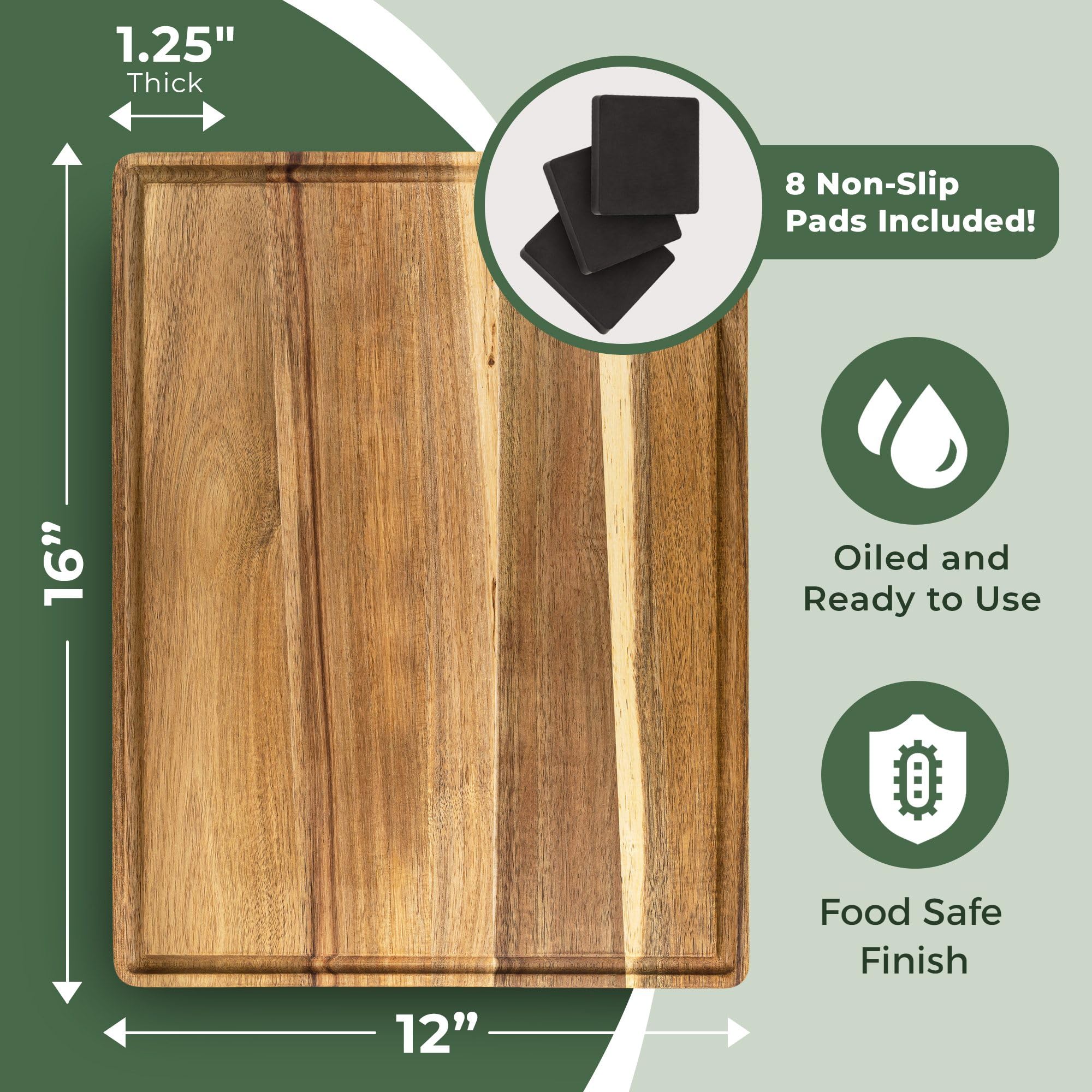Acacia Wood Cutting Board and Chopping Boards for Kitchen, Large Reversible Butcher Block with Handles for Charcuterie, Juice Groove for Meat, Cheese Board, Vegetables, Wooden Serving Board, 16"x12"