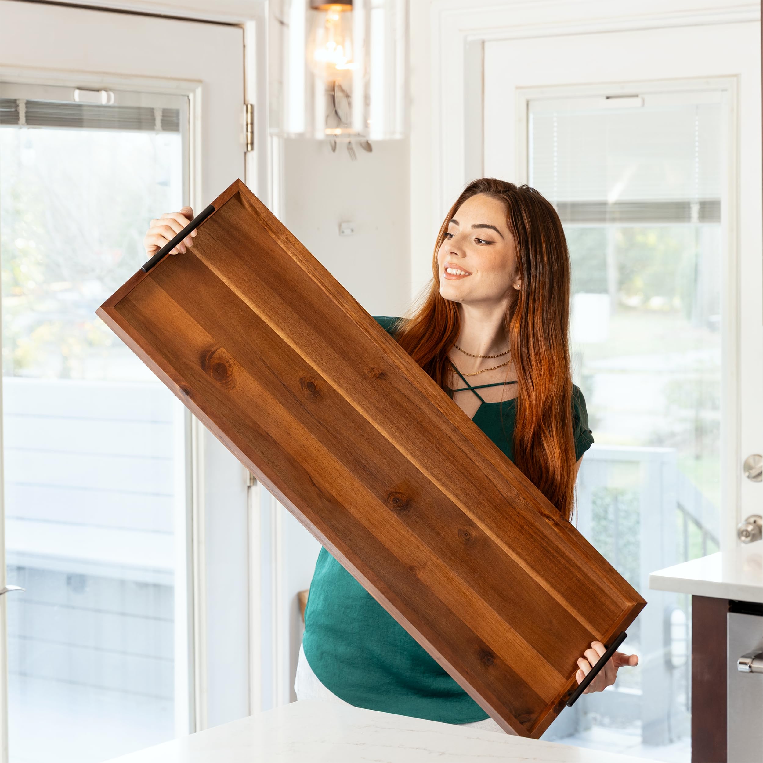 Large Acacia Serving Board with Metal Handles, 36 x 12 Inch Rectangular Charcuterie Board, Natural Wood Server Platter for Meat, Cheese Boards, and Party Appetizers, Extra Long Wooden Tray, 3ft