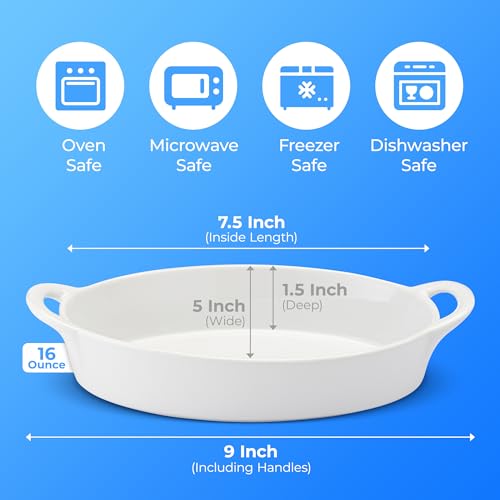 Oval Au Gratin Baking Dishes for Oven Safe and Microwave Cooking and Baking, 4 Pc. Dish Set, Heat Resistant Ceramic with Handles for Serving, Small Mini Casserole Dish, 8” x 5”, 16 oz