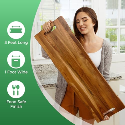 Large Acacia Serving Board with Handles, 36 x 12 Inch Rectangular Charcuterie Platter, Natural Wood Server for Meat, Cheese Board, and Party Appetizers, Extra Long 3ft