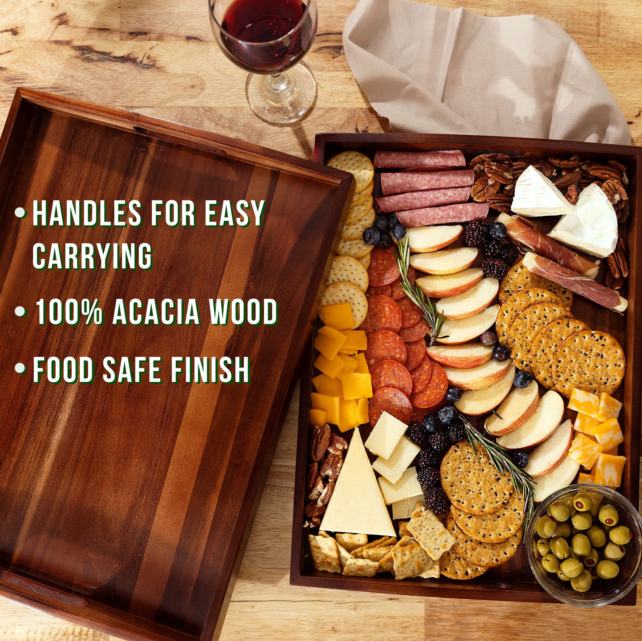Acacia Wooden Serving Trays with Handles for Eating, Appetizers, Food, Snacks, or Home Decor, 2 Pc. Set, Rustic Farmhouse Natural Nesting Large Wood Tray, Decorative Ottoman or Coffee Table Accessory