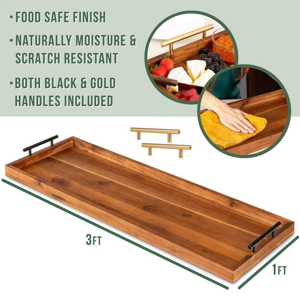 Large Acacia Serving Board with Metal Handles, 36 x 12 Inch Rectangular Charcuterie Board, Natural Wood Server Platter for Meat, Cheese Boards, and Party Appetizers, Extra Long Wooden Tray, 3ft