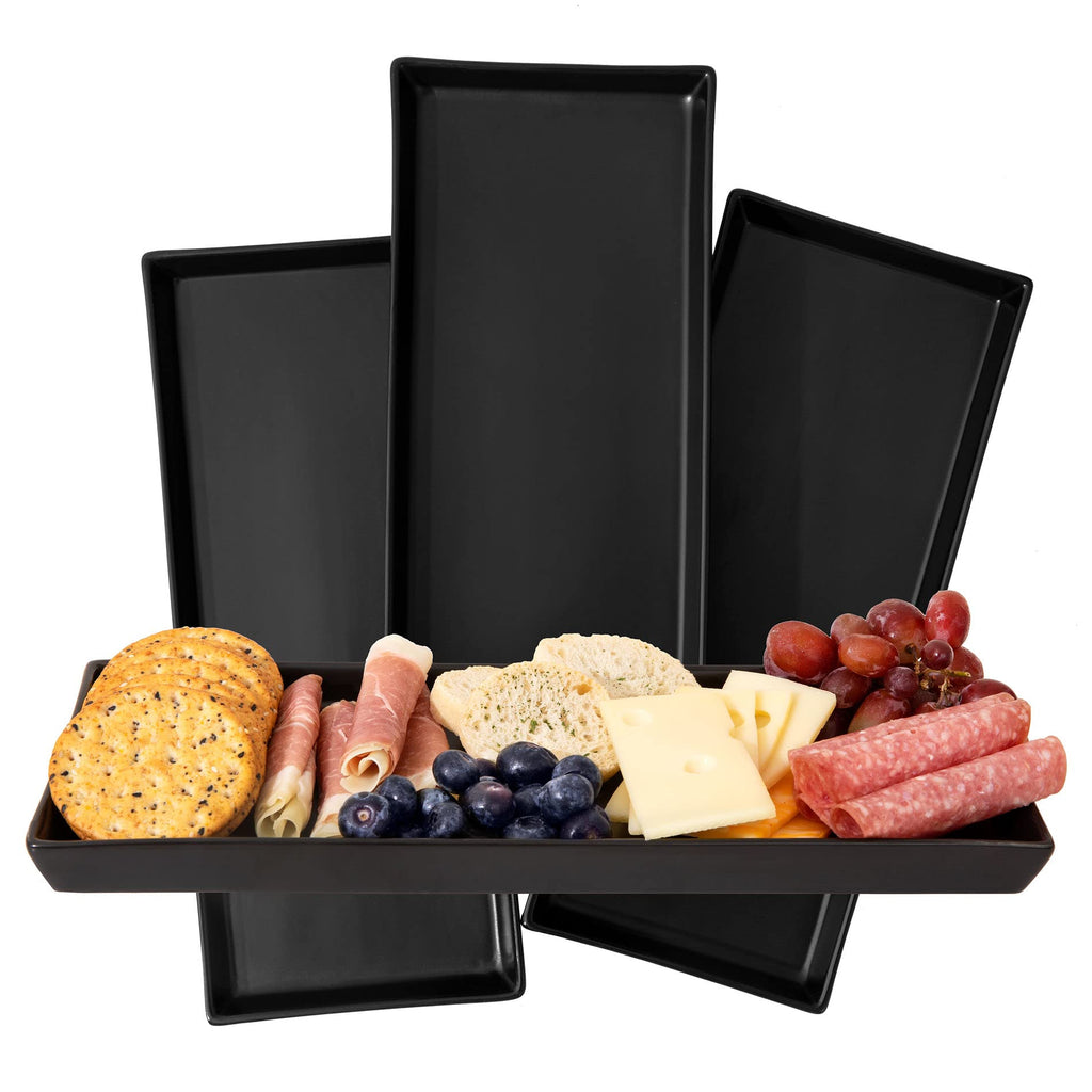 Matte Black Ceramic Serving Platters (14 x 6 Inch Rectangle Plates) Serving Dishes for Entertaining, Food, Appetizers, Desserts, Cheese Board, Charcuterie, Sushi - Set of 4 Party Serving Trays