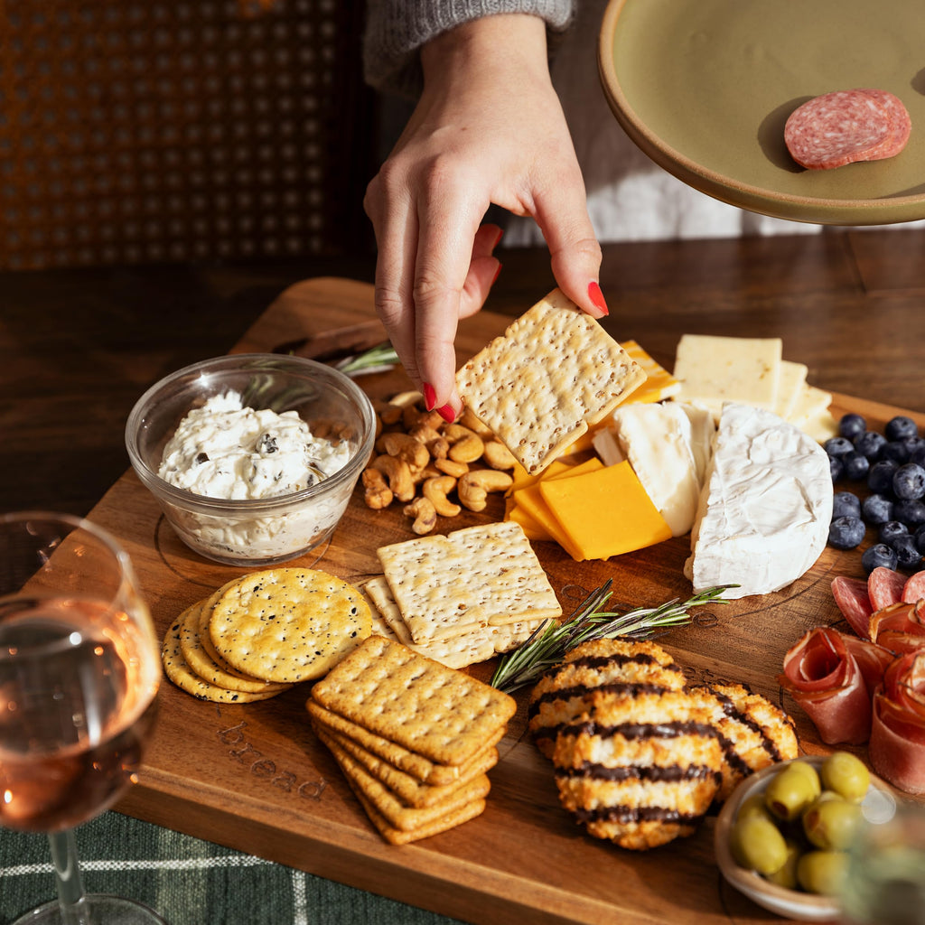 Laser Engraved Acacia Serving Board with Handle, 17x13 Inch Rectangular Charcuterie Platter, Natural Wood Server for Meat, Cheese Board, and Party Appetizers, Grazing Board
