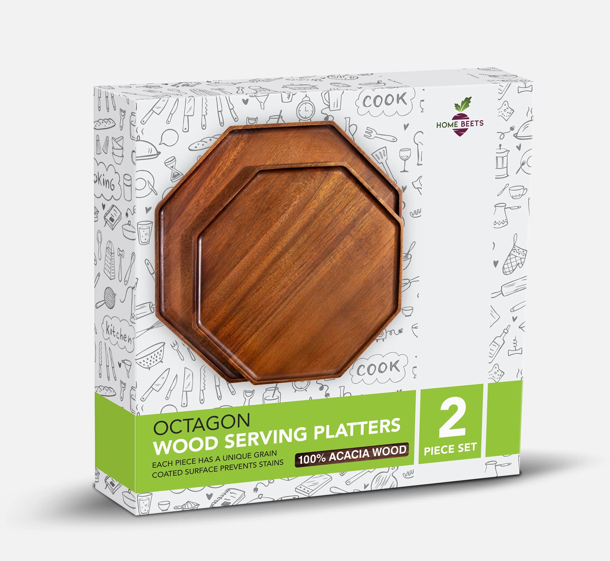 Acacia Wood Serving Trays - Set of 2 (12-Inch and 10-Inch Plates) Wooden Home Decor Platters for Fruit, Vegetables, Appetizer Serving Tray, Food, Cheese Board, Small Charcuterie, Party Entertaining