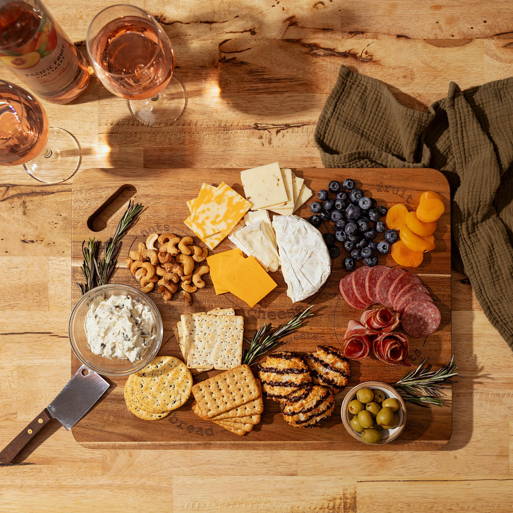 Laser Engraved Acacia Serving Board with Handle, 17x13 Inch Rectangular Charcuterie Platter, Natural Wood Server for Meat, Cheese Board, and Party Appetizers, Grazing Board