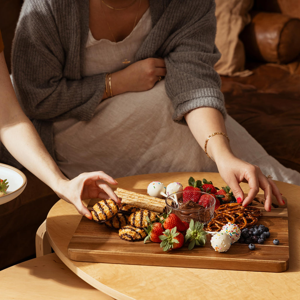 Laser Engraved Acacia Serving Board with Handle, 17x13 Inch Rectangular Charcuterie Platter, Natural Wood Server for Meat, Cheese Board, and Party Appetizers, Grazing Board