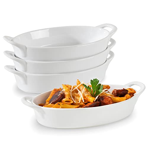 Oval Au Gratin Baking Dishes for Oven Safe and Microwave Cooking and Baking, 4 Pc. Dish Set, Heat Resistant Ceramic with Handles for Serving, Small Mini Casserole Dish, 8” x 5”, 16 oz