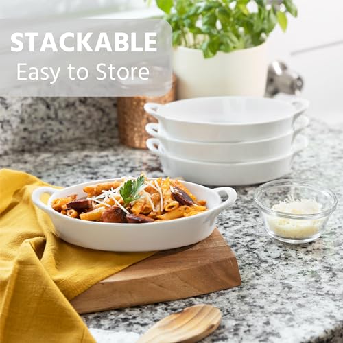 Oval Au Gratin Baking Dishes for Oven Safe and Microwave Cooking and Baking, 4 Pc. Dish Set, Heat Resistant Ceramic with Handles for Serving, Small Mini Casserole Dish, 8” x 5”, 16 oz
