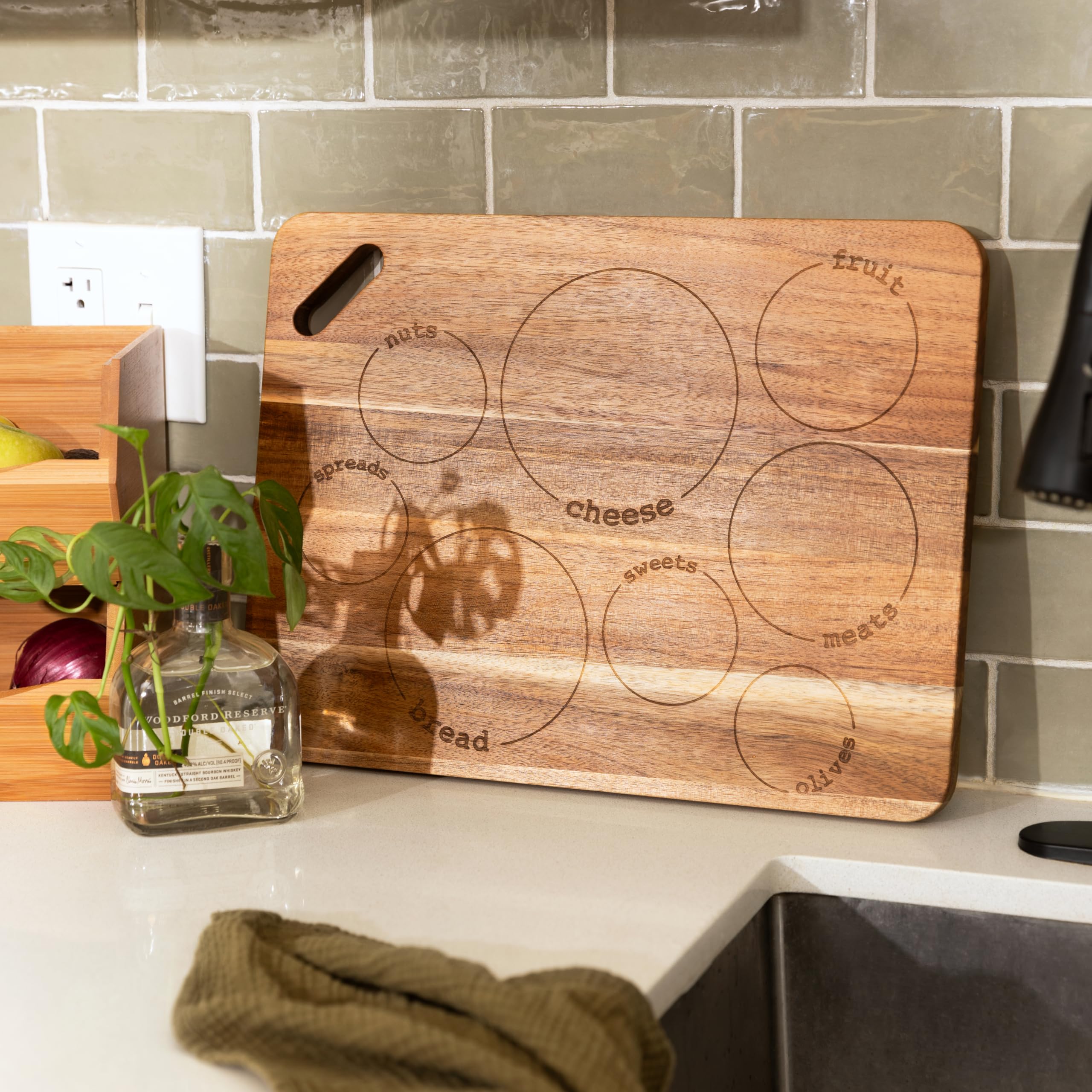 Laser Engraved Acacia Serving Board with Handle, 17x13 Inch Rectangular Charcuterie Platter, Natural Wood Server for Meat, Cheese Board, and Party Appetizers, Grazing Board