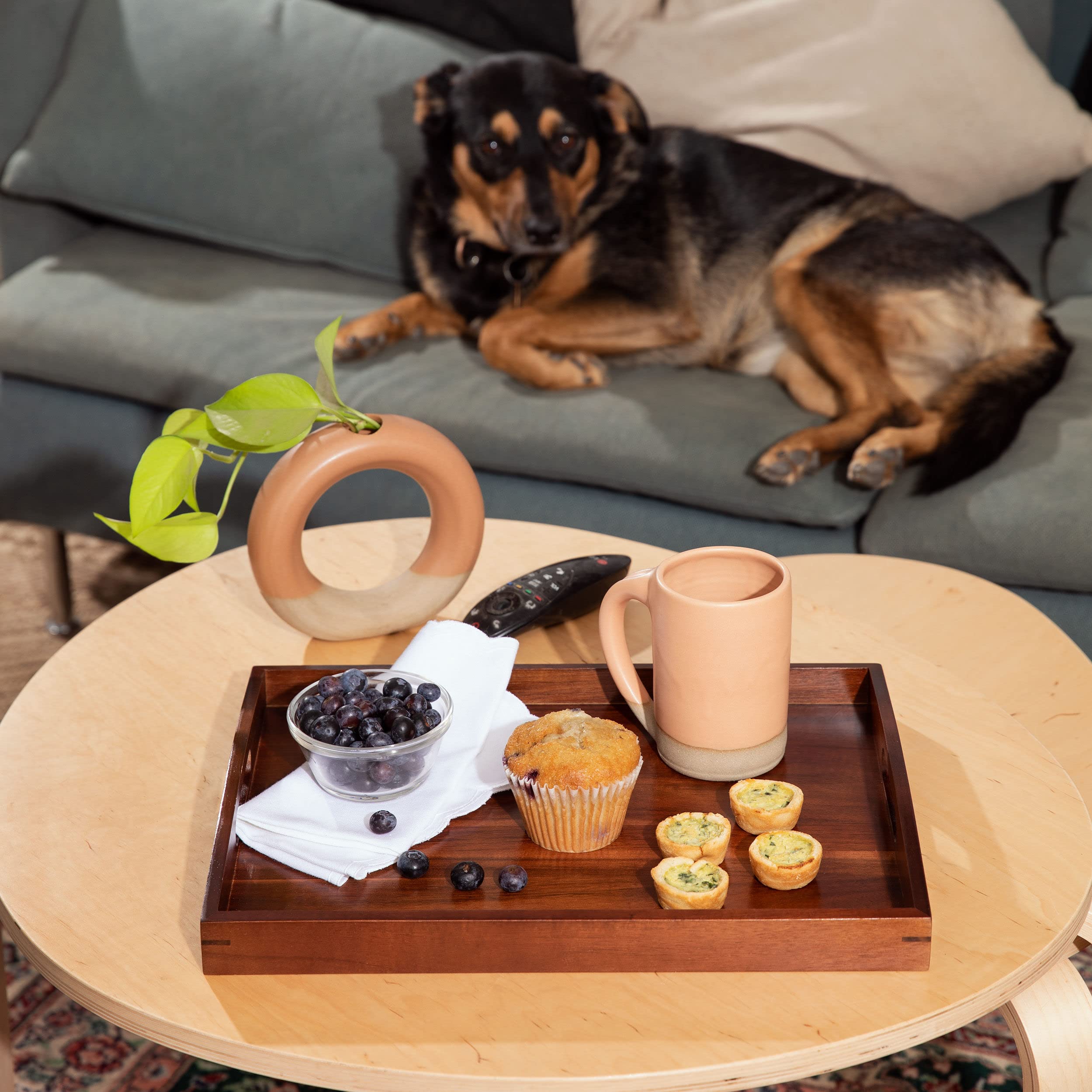 Acacia Wooden Serving Trays with Handles for Eating, Appetizers, Food, Snacks, or Home Decor, 2 Pc. Set, Rustic Farmhouse Natural Nesting Large Wood Tray, Decorative Ottoman or Coffee Table Accessory