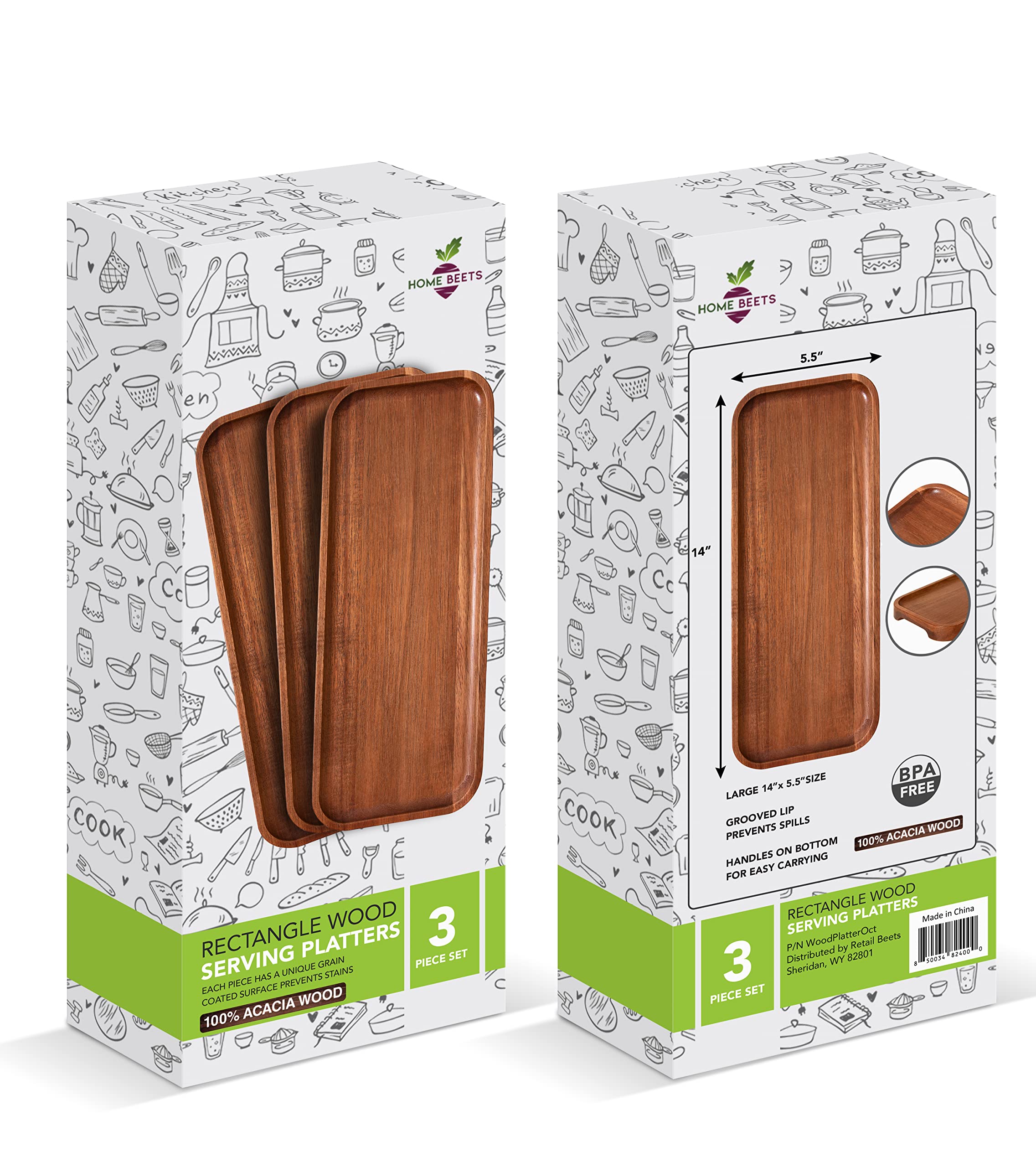 Solid Acacia Wood Serving Trays - Rectangular Wooden Serving Platters for Home Decor, Food, Vegetables, Fruit, Charcuterie, Appetizer Serving Tray, Cheese Board (Set of 3 Plates)