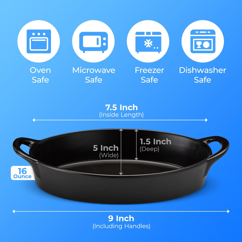 Oval Au Gratin Baking Dishes for Oven Safe and Microwave Cooking and Baking, 4 Pc. Dish Set, Heat Resistant Ceramic with Handles for Serving, Small Mini Casserole Dish, 8” x 5”, 16 oz