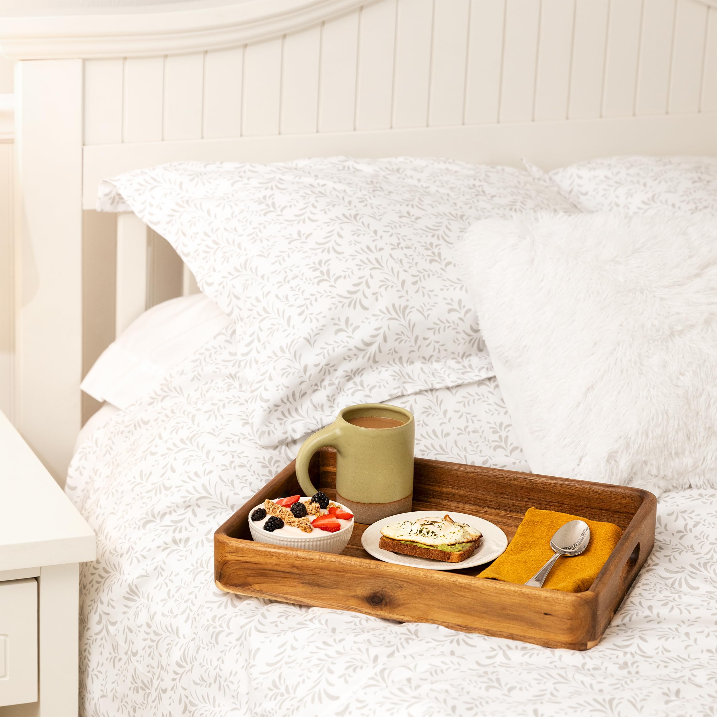 Acacia Wooden Serving Trays with Handles for Eating, Appetizers, Food, Snacks, or Home Decor, Large Wood Bed Tray or TV Tray, Decorative Ottoman or Coffee Table Accessory, 16x12 inch, Set of 1