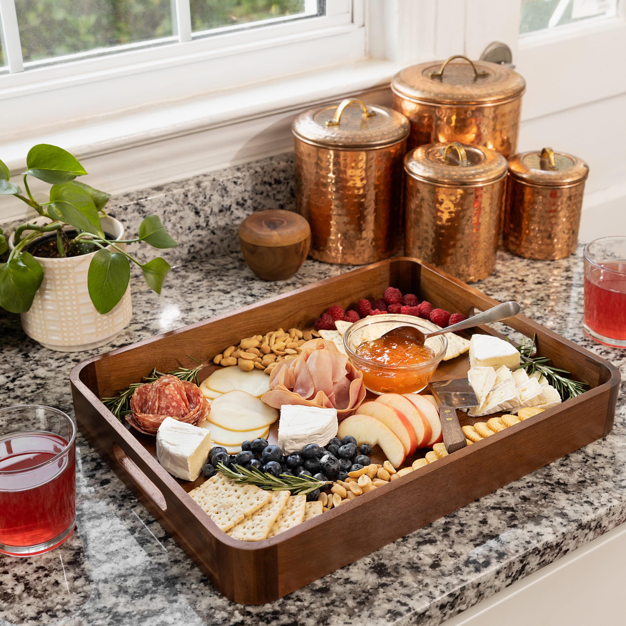 Acacia Wooden Serving Trays with Handles for Eating, Appetizers, Food, Snacks, or Home Decor, Large Wood Bed Tray or TV Tray, Decorative Ottoman or Coffee Table Accessory, 17x13 inch
