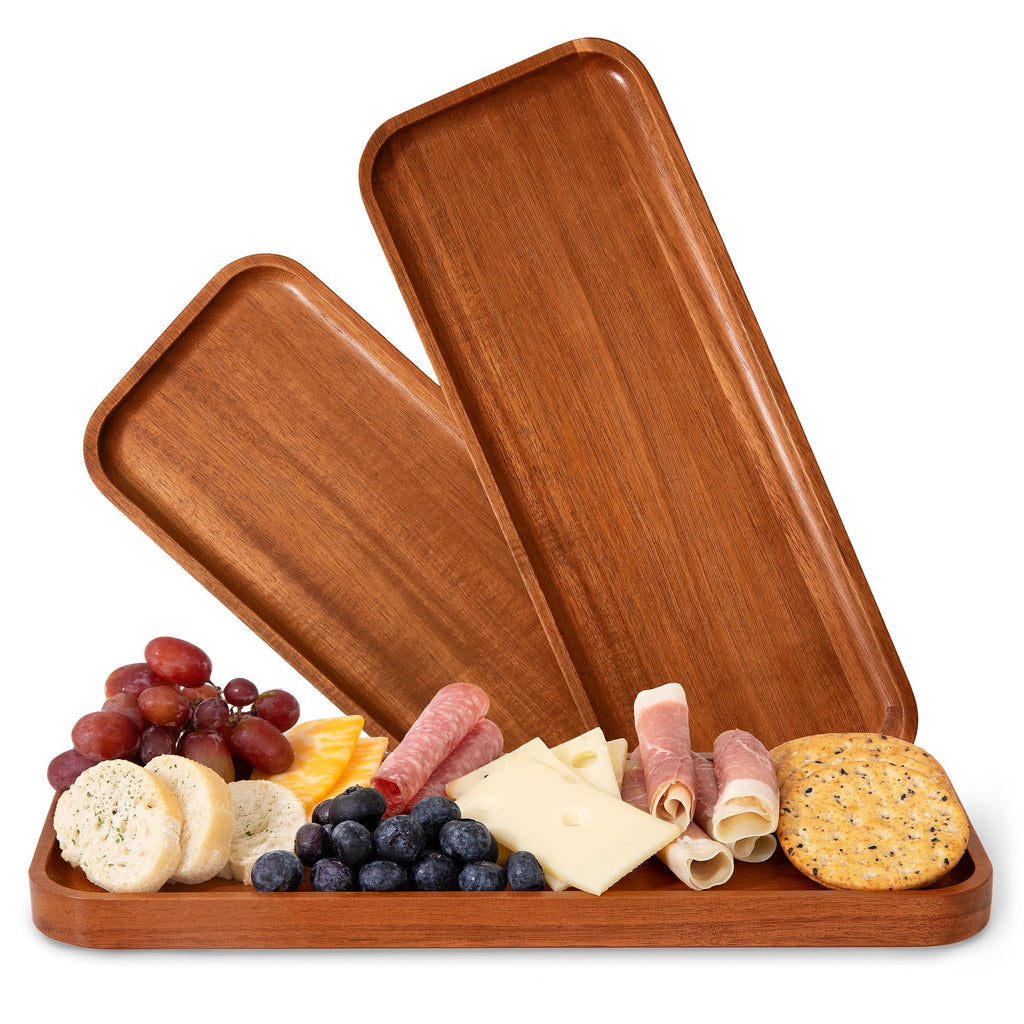 Solid Acacia Wood Serving Trays - Rectangular Wooden Serving Platters for Home Decor, Food, Vegetables, Fruit, Charcuterie, Appetizer Serving Tray, Cheese Board (Set of 3 Plates)