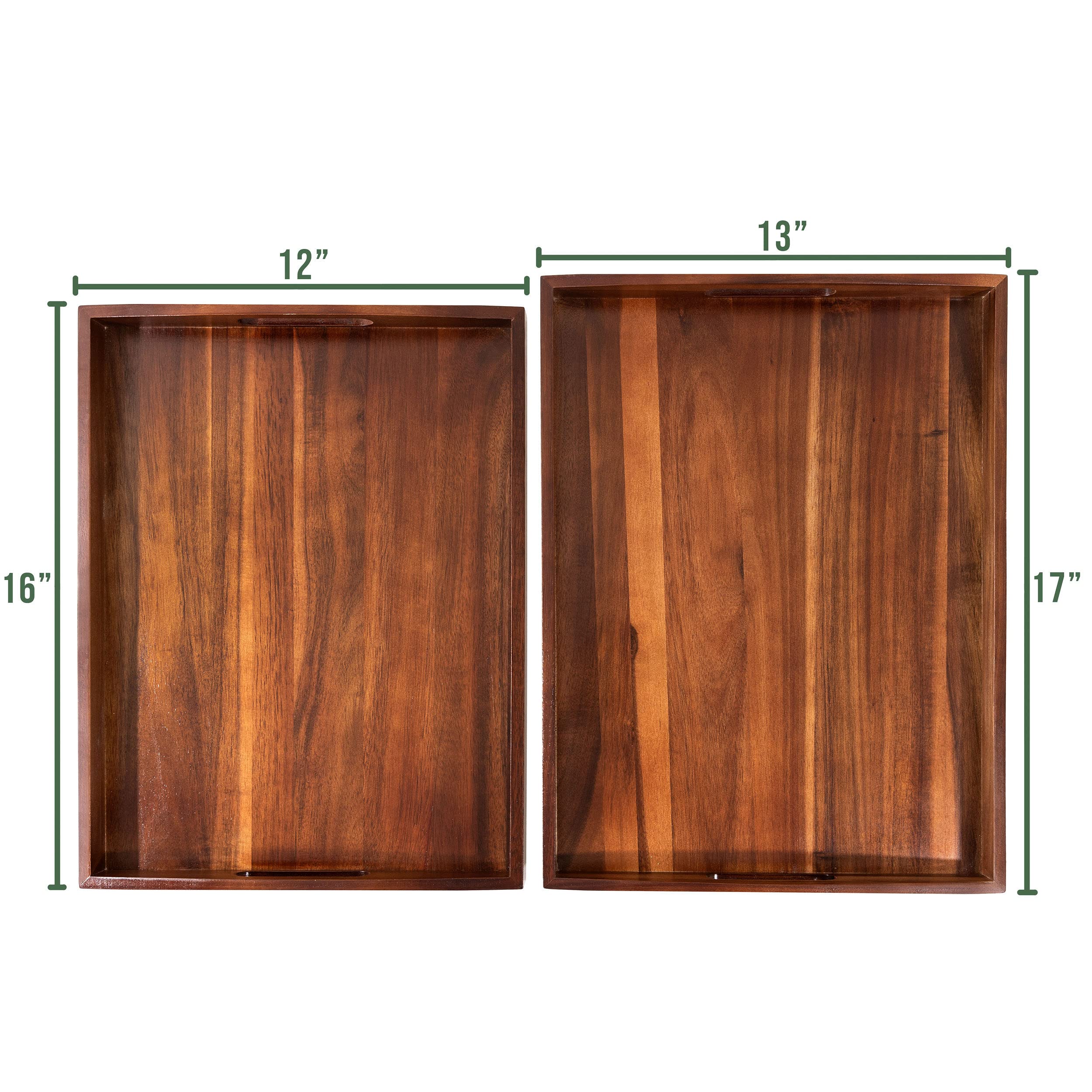 Acacia Wooden Serving Trays with Handles for Eating, Appetizers, Food, Snacks, or Home Decor, 2 Pc. Set, Rustic Farmhouse Natural Nesting Large Wood Tray, Decorative Ottoman or Coffee Table Accessory
