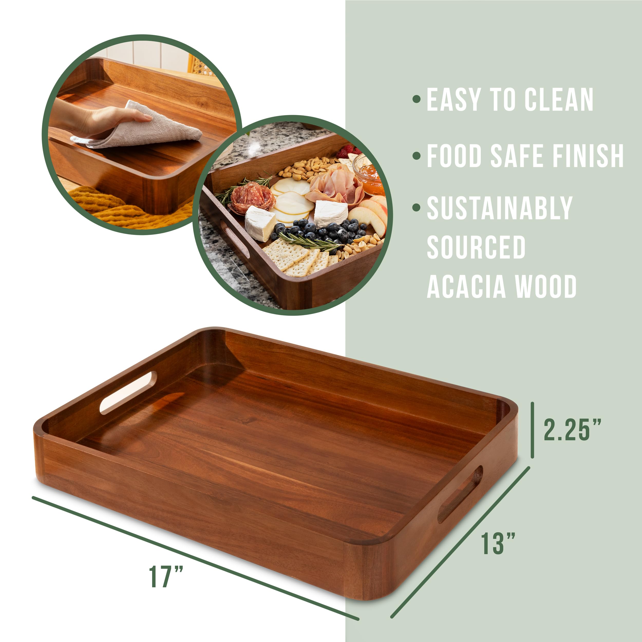 Acacia Wooden Serving Trays with Handles for Eating, Appetizers, Food, Snacks, or Home Decor, Large Wood Bed Tray or TV Tray, Decorative Ottoman or Coffee Table Accessory, 17x13 inch