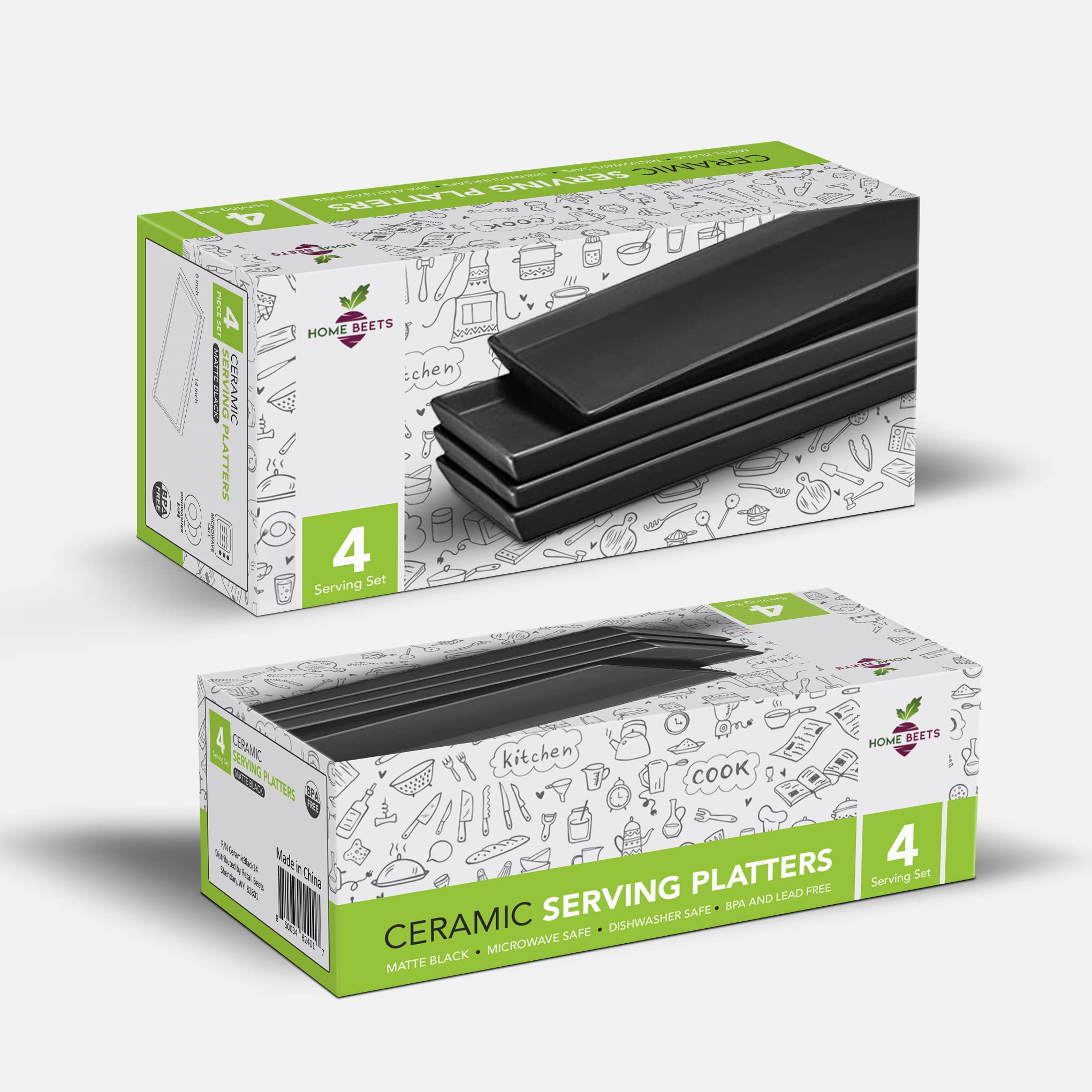 Matte Black Ceramic Serving Platters (14 x 6 Inch Rectangle Plates) Serving Dishes for Entertaining, Food, Appetizers, Desserts, Cheese Board, Charcuterie, Sushi - Set of 4 Party Serving Trays