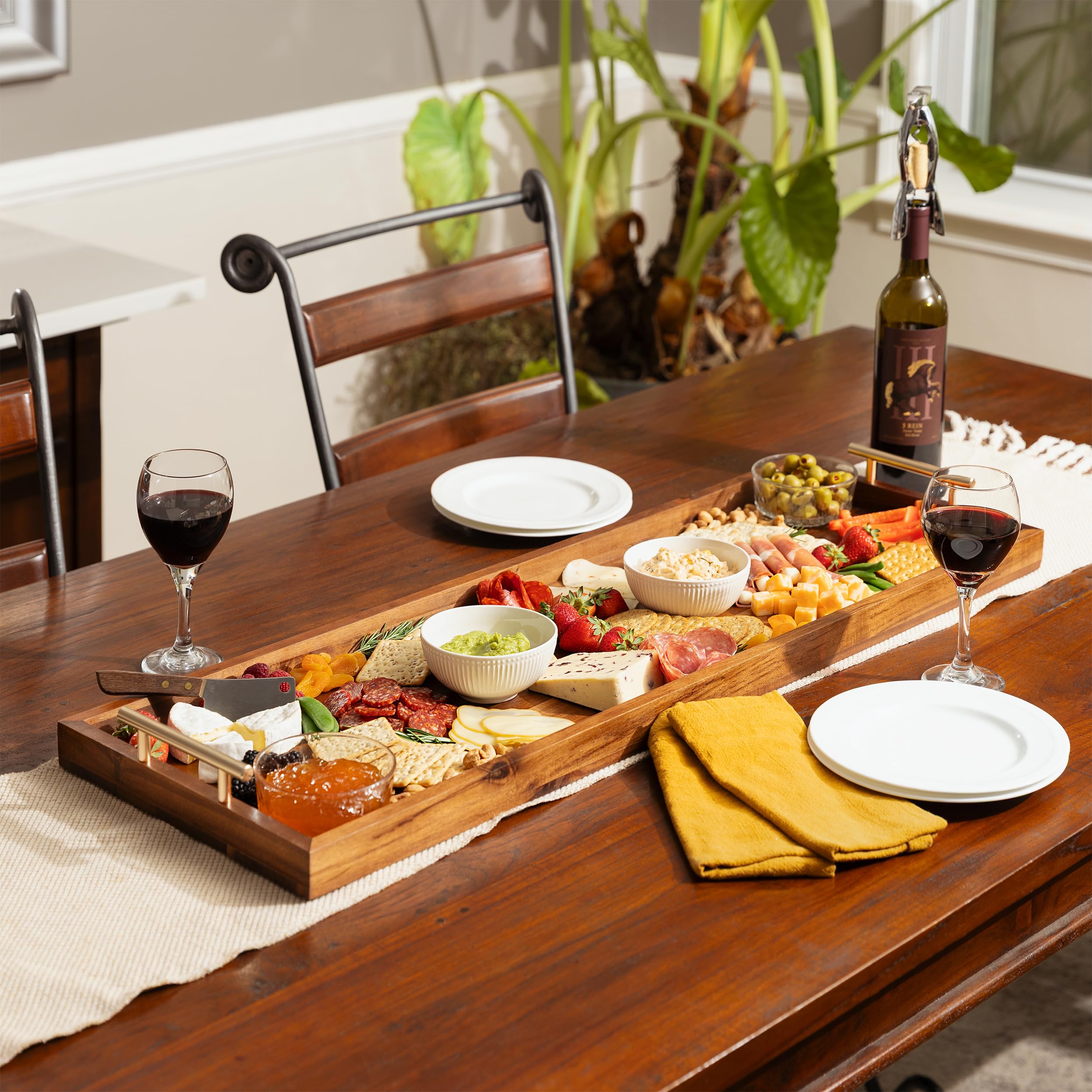 Large Acacia Serving Board with Metal Handles, 36 x 12 Inch Rectangular Charcuterie Board, Natural Wood Server Platter for Meat, Cheese Boards, and Party Appetizers, Extra Long Wooden Tray, 3ft