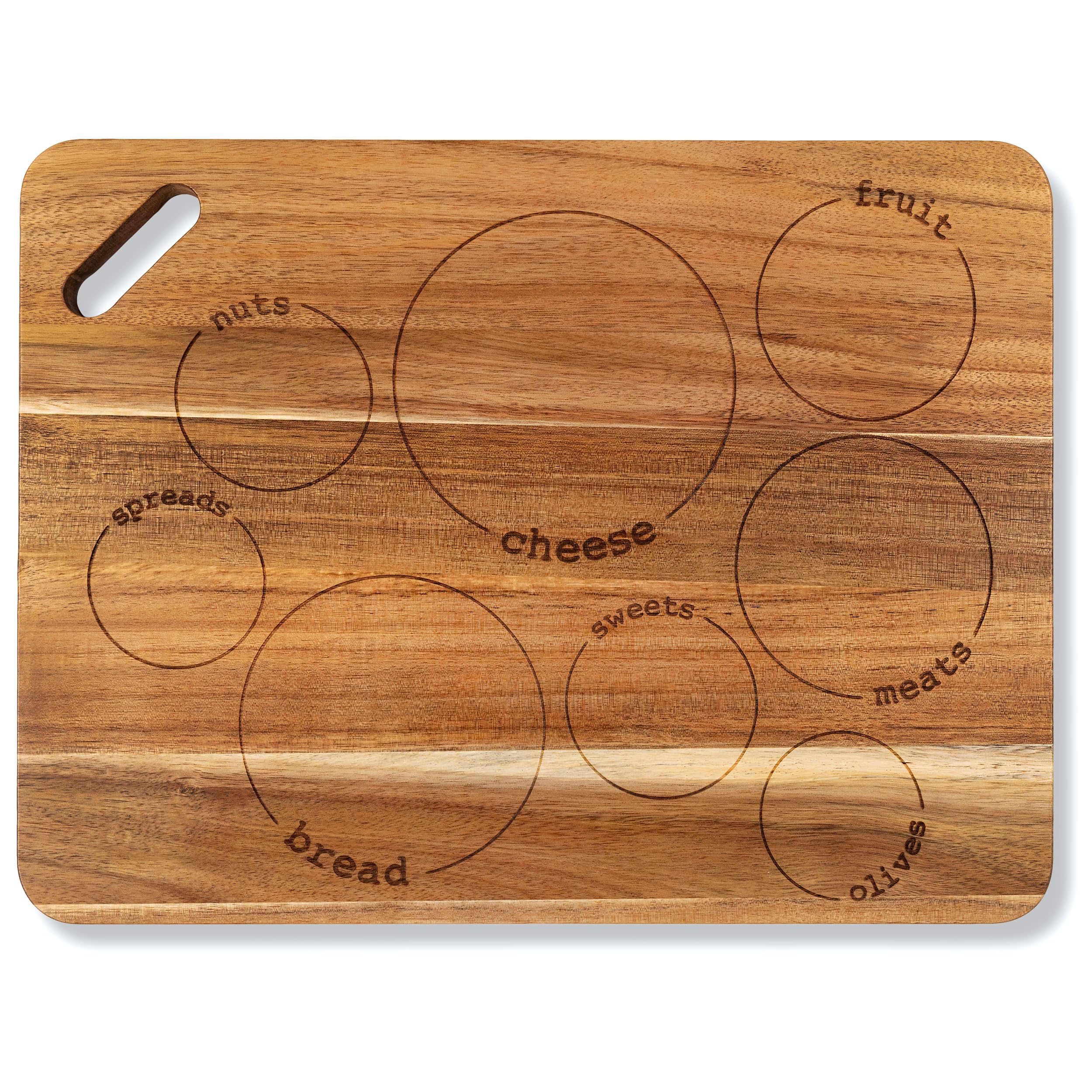 Laser Engraved Acacia Serving Board with Handle, 17x13 Inch Rectangular Charcuterie Platter, Natural Wood Server for Meat, Cheese Board, and Party Appetizers, Grazing Board