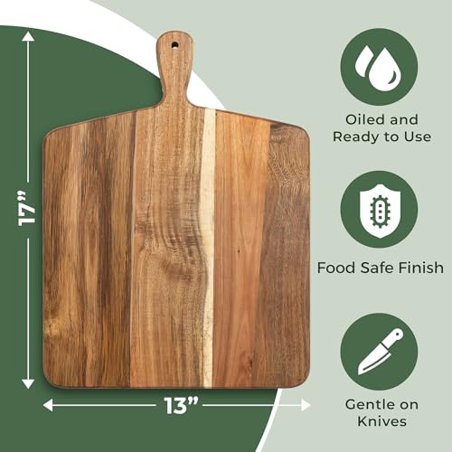 Acacia Wood Cutting Board and Chopping Board with Handle for Meat, Cheese Board, Vegetables, Bread, and Charcuterie - Decorative Wooden Serving Board for Kitchen and Dining Room, Large 17" x 13"