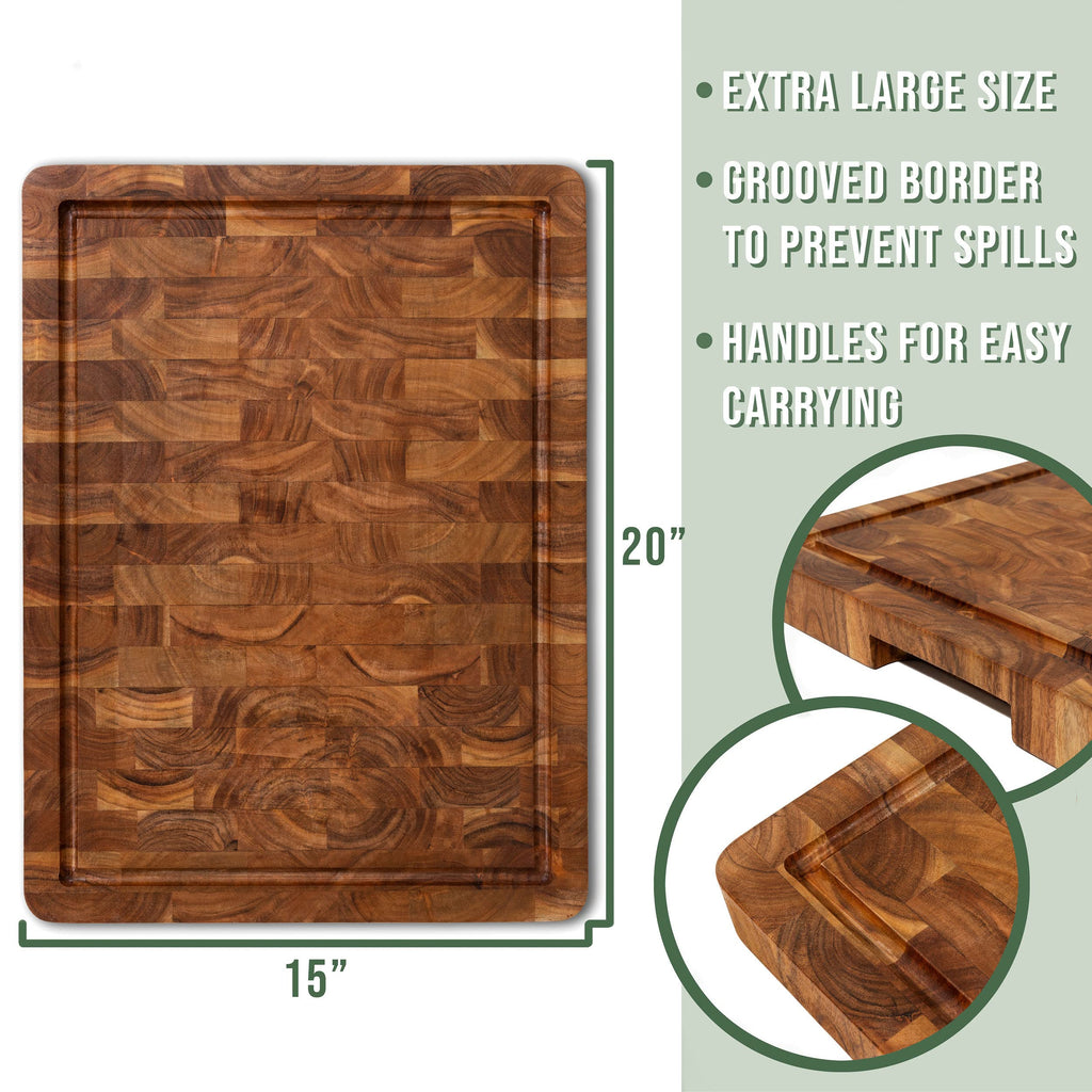 Large Acacia End Grain Wood Cutting Board with Juice Grooves and Handles, Thick Heavy-Duty Wooden Chopping Board, Extra Large Butcher Block for Kitchen - Carving Board and Cheese Board