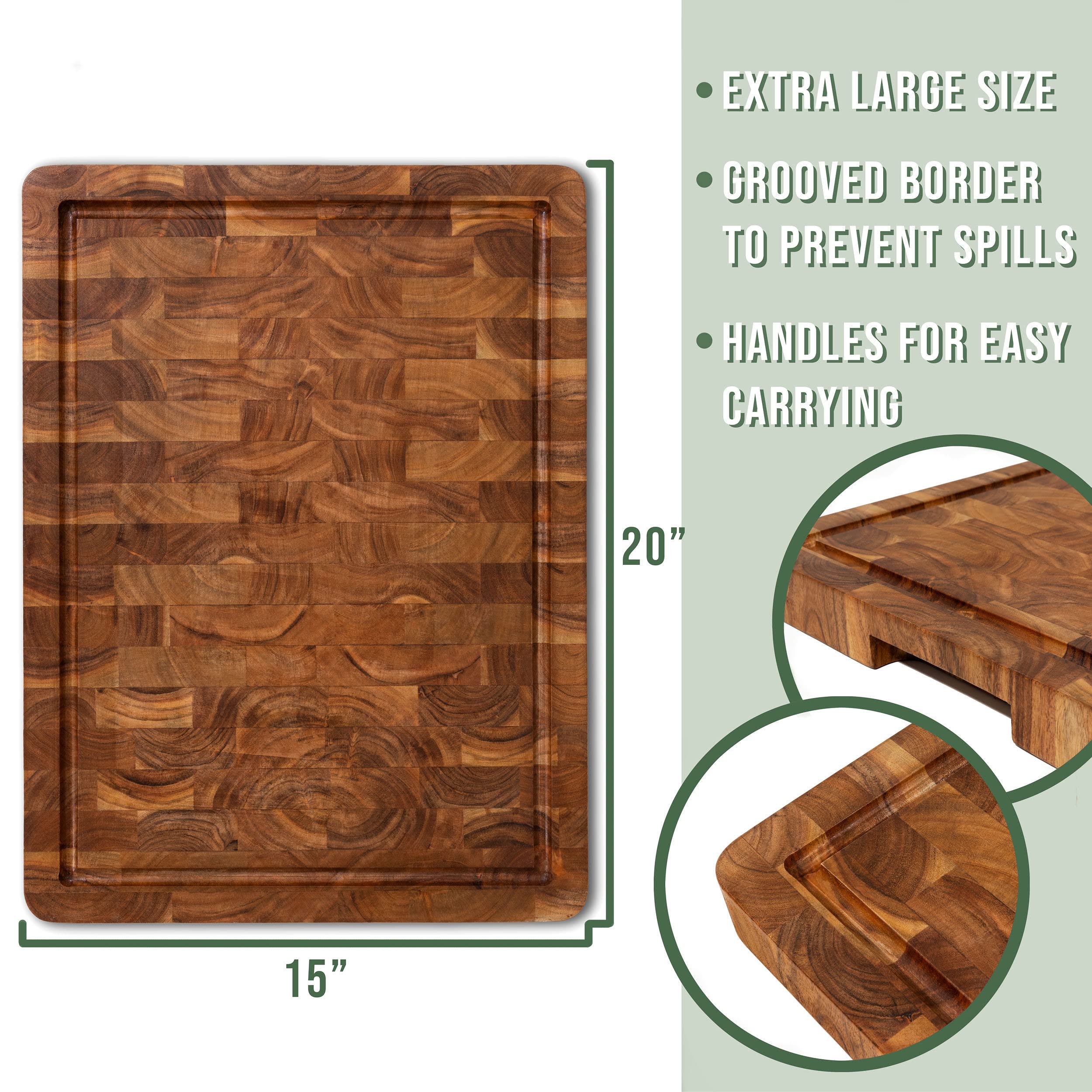 Large Acacia End Grain Wood Cutting Board with Juice Grooves and Handles, Thick Heavy-Duty Wooden Chopping Board, Extra Large Butcher Block for Kitchen - Carving Board and Cheese Board