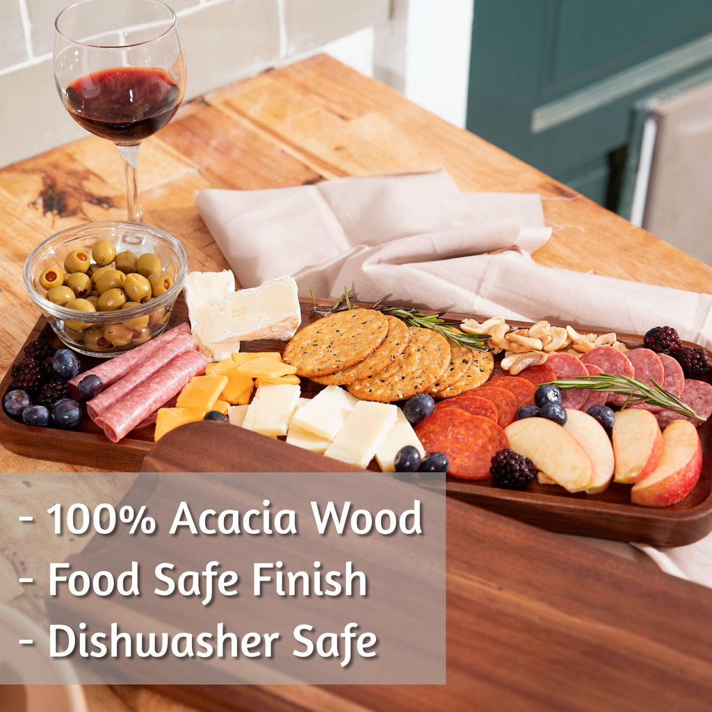 Solid Acacia Wood Serving Trays - Rectangular Wooden Serving Platters for Home Decor, Food, Vegetables, Fruit, Charcuterie, Appetizer Serving Tray, Cheese Board (Set of 3 Plates)
