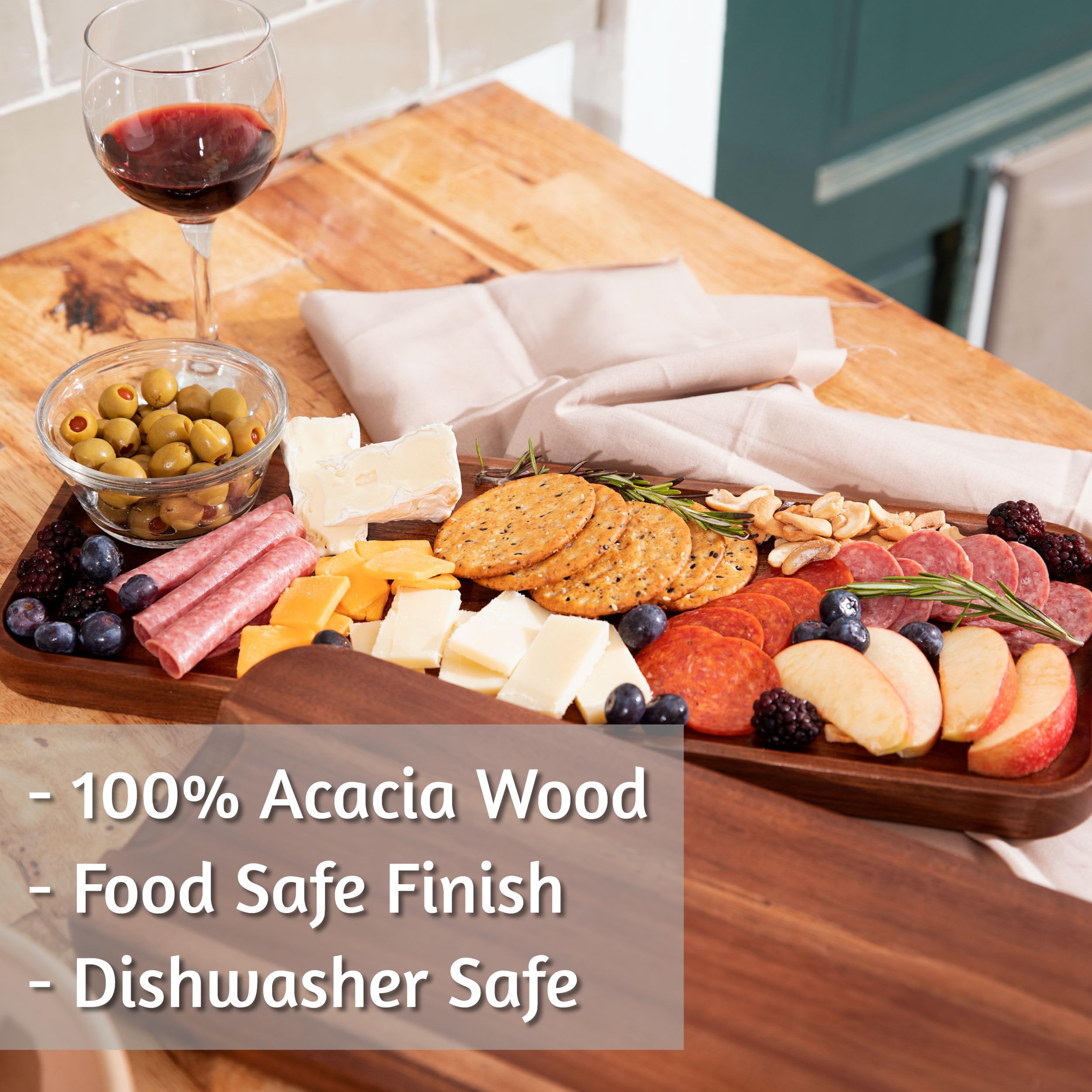 Solid Acacia Wood Serving Trays - Rectangular Wooden Serving Platters for Home Decor, Food, Vegetables, Fruit, Charcuterie, Appetizer Serving Tray, Cheese Board (Set of 3 Plates)