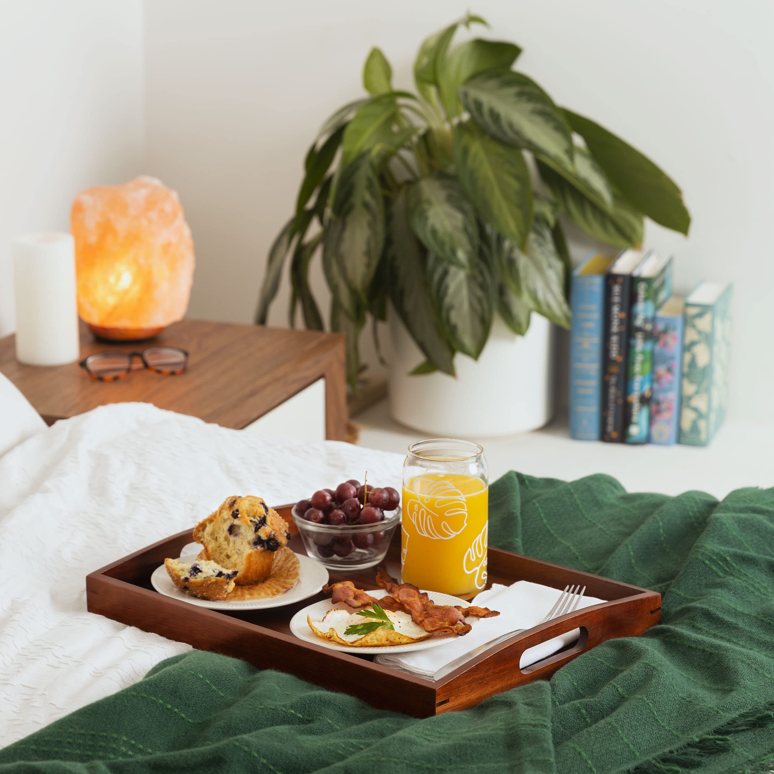 Acacia Wooden Serving Trays with Handles for Eating, Appetizers, Food, Snacks, or Home Decor, 2 Pc. Set, Rustic Farmhouse Natural Nesting Large Wood Tray, Decorative Ottoman or Coffee Table Accessory