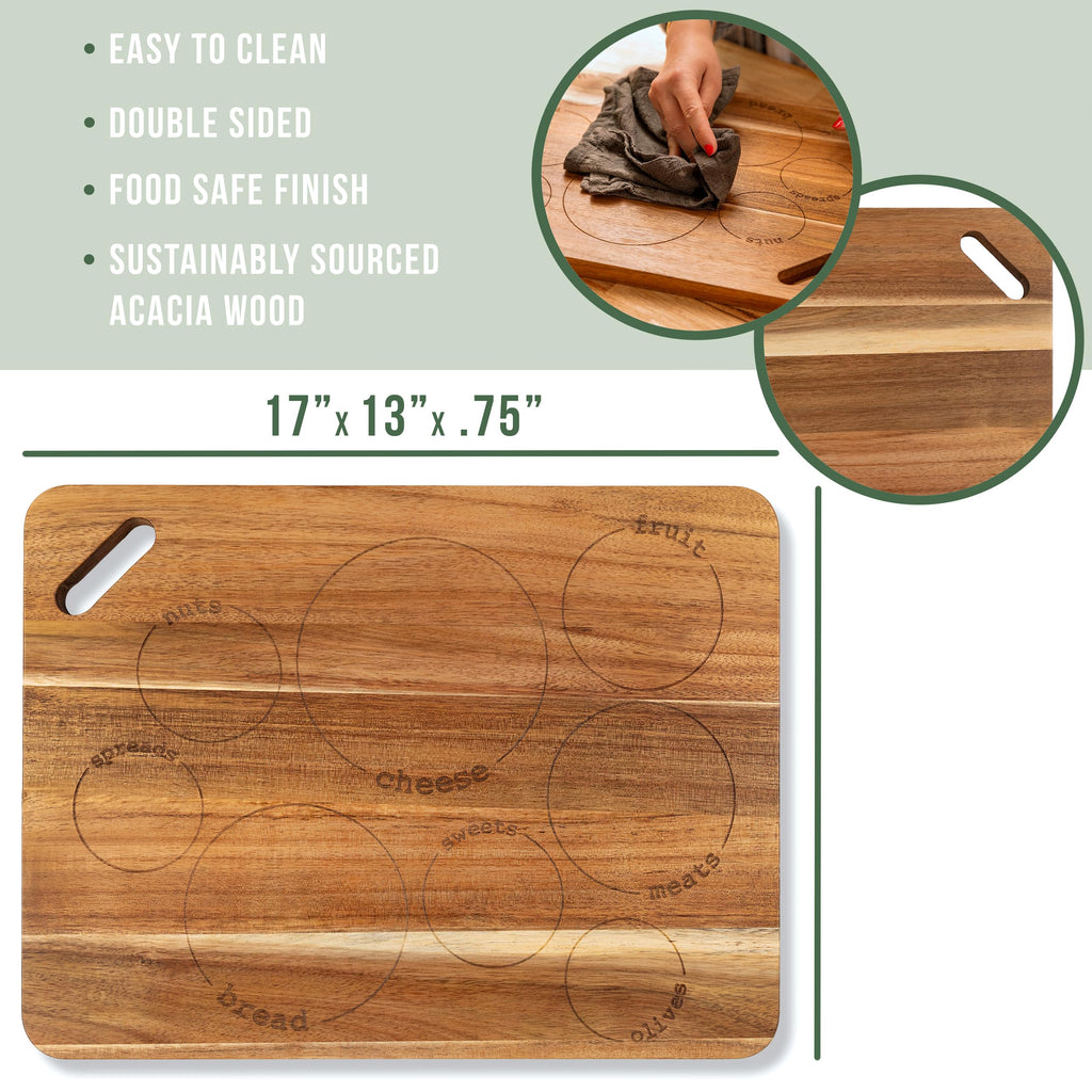 Laser Engraved Acacia Serving Board with Handle, 17x13 Inch Rectangular Charcuterie Platter, Natural Wood Server for Meat, Cheese Board, and Party Appetizers, Grazing Board