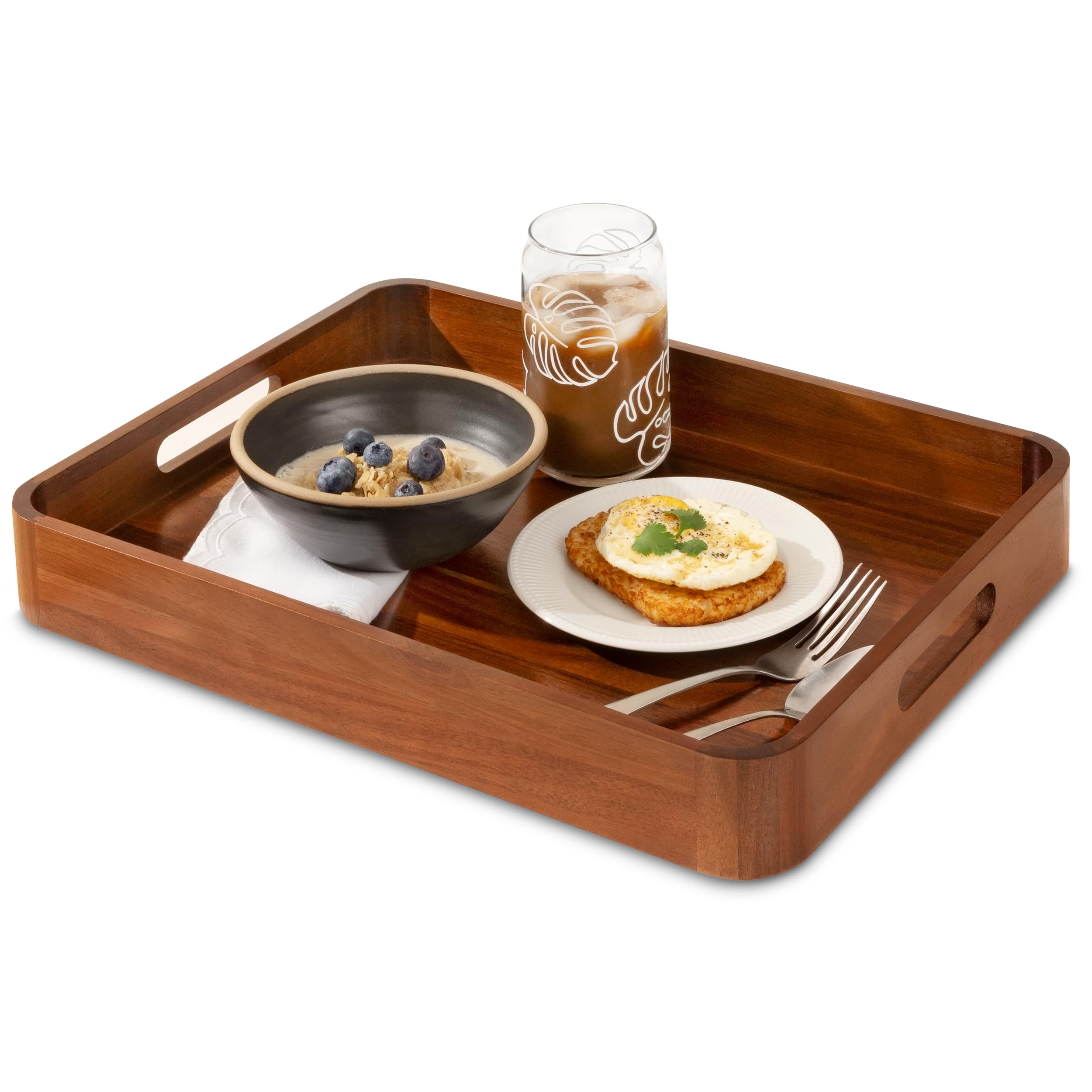 Acacia Wooden Serving Trays with Handles for Eating, Appetizers, Food, Snacks, or Home Decor, Large Wood Bed Tray or TV Tray, Decorative Ottoman or Coffee Table Accessory, 17x13 inch