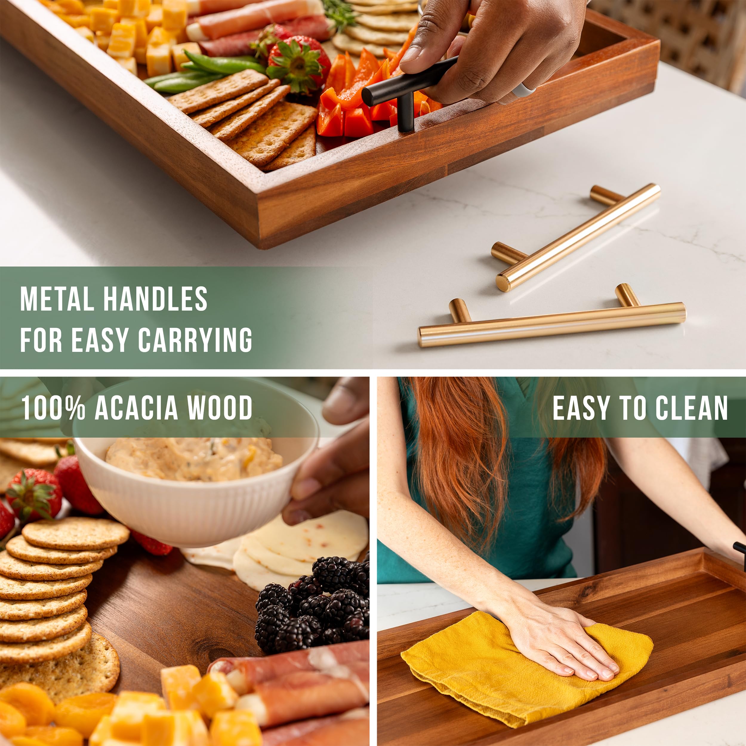 Large Acacia Serving Board with Metal Handles, 36 x 12 Inch Rectangular Charcuterie Board, Natural Wood Server Platter for Meat, Cheese Boards, and Party Appetizers, Extra Long Wooden Tray, 3ft
