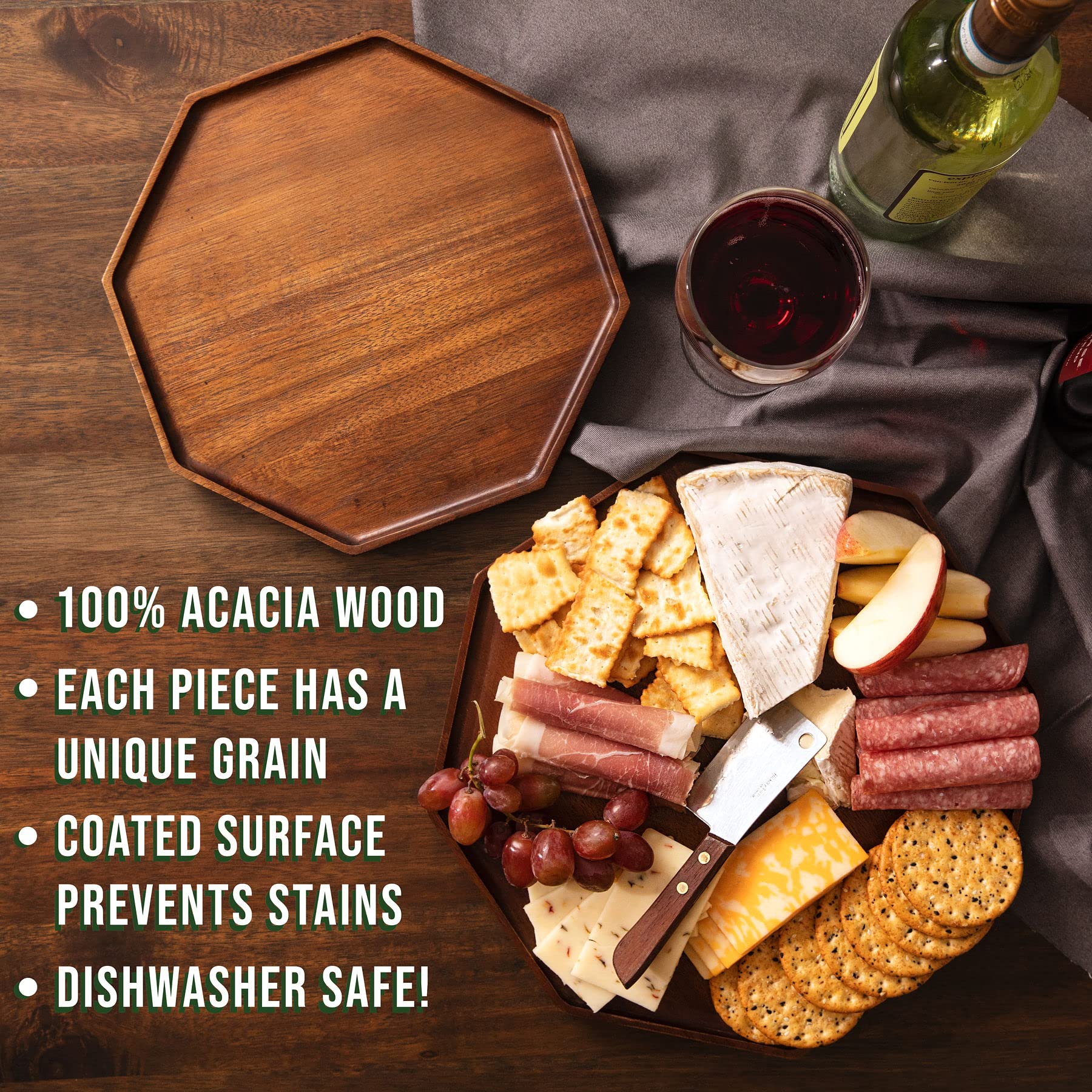 Acacia Wood Serving Trays - Set of 2 (12-Inch and 10-Inch Plates) Wooden Home Decor Platters for Fruit, Vegetables, Appetizer Serving Tray, Food, Cheese Board, Small Charcuterie, Party Entertaining