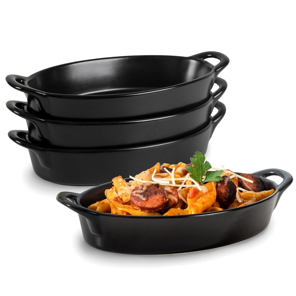 Oval Au Gratin Baking Dishes for Oven Safe and Microwave Cooking and Baking, 4 Pc. Dish Set, Heat Resistant Ceramic with Handles for Serving, Small Mini Casserole Dish, 8” x 5”, 16 oz