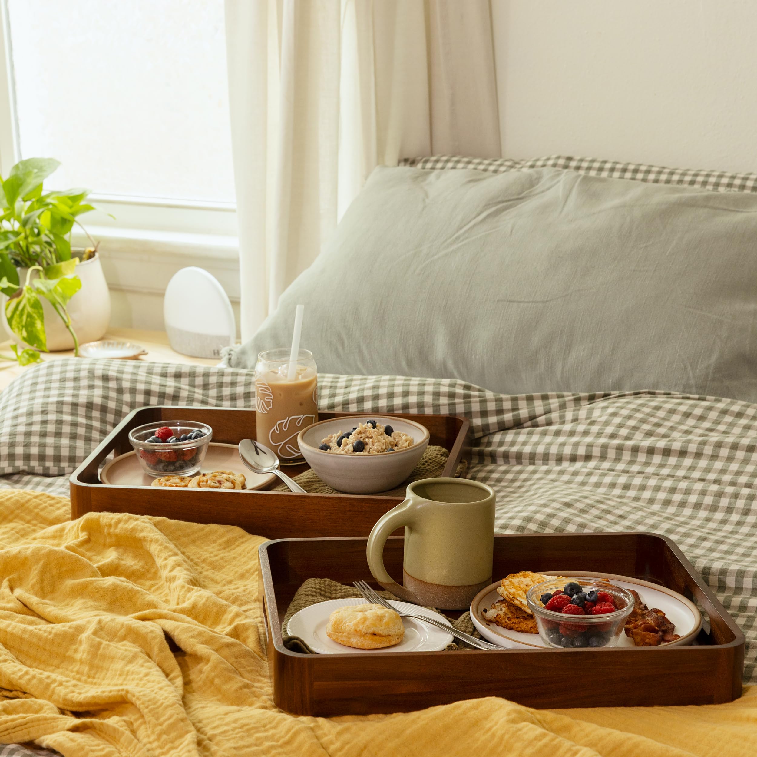Acacia Wooden Serving Trays with Handles for Eating, Appetizers, Food, Snacks, or Home Decor, Large Wood Bed Tray or TV Tray, Decorative Ottoman or Coffee Table Accessory, 17x13 inch