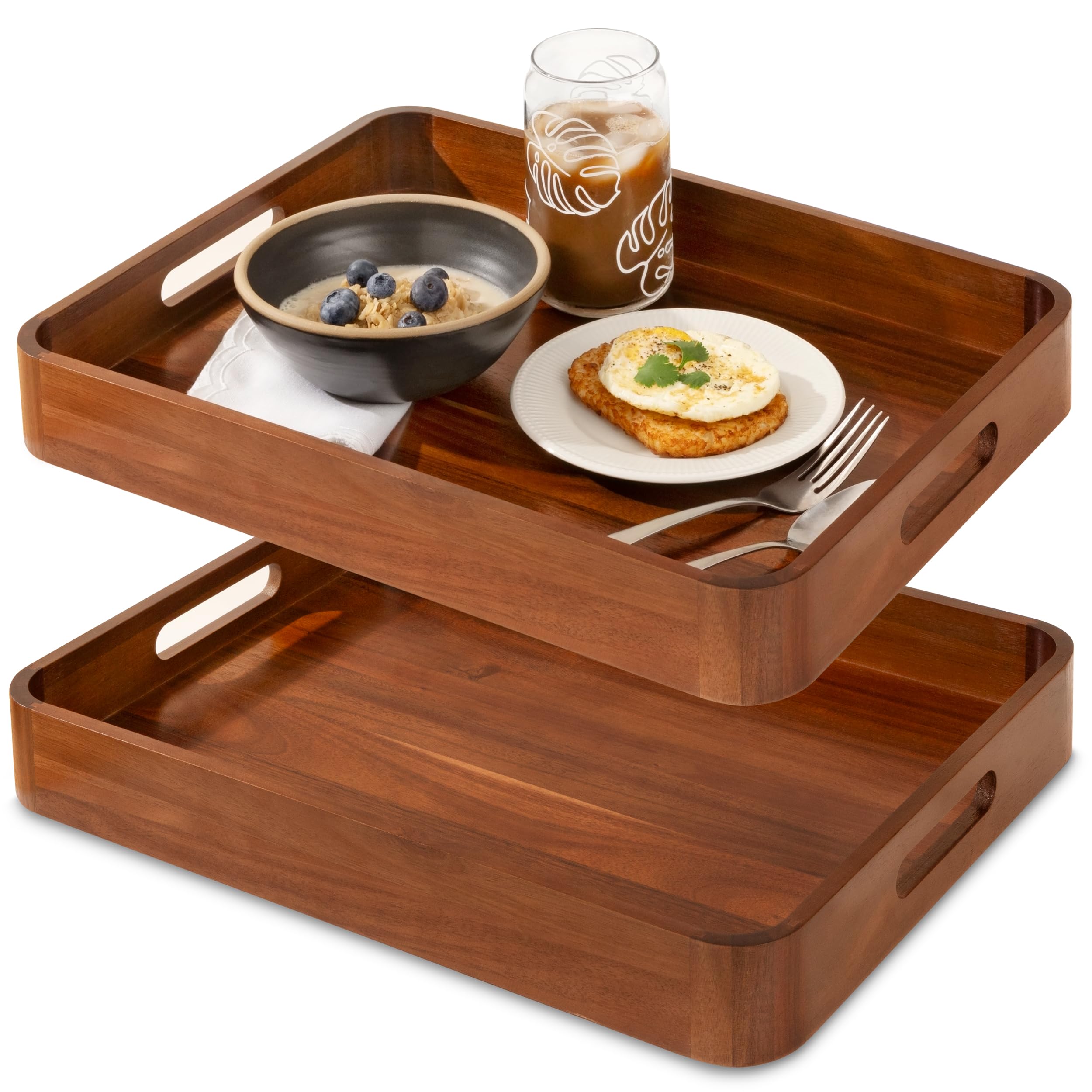 Acacia Wooden Serving Trays with Handles for Eating, Appetizers, Food, Snacks, or Home Decor, Large Wood Bed Tray or TV Tray, Decorative Ottoman or Coffee Table Accessory, 17x13 inch