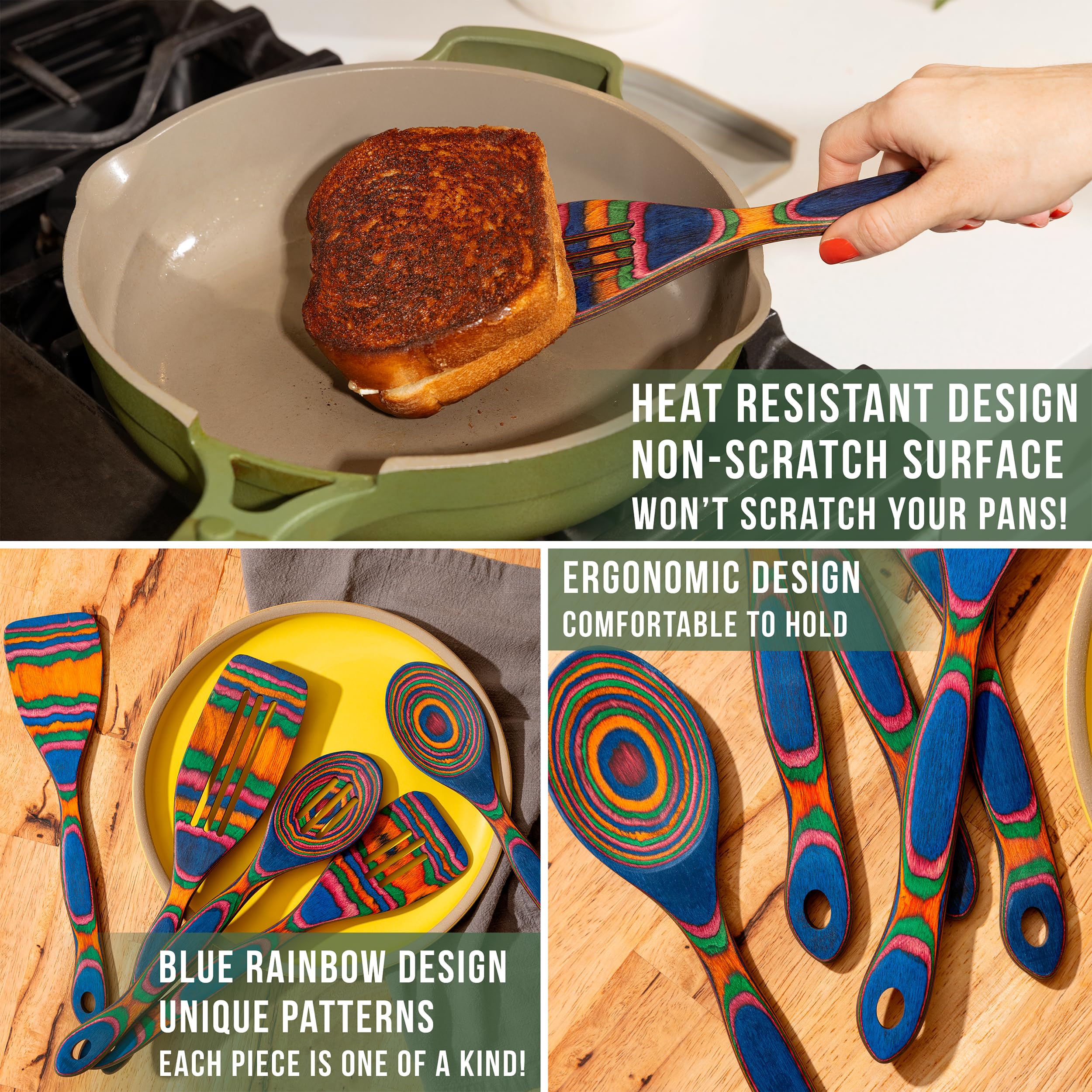 5pc Wood Cooking Utensils Set - Wooden Spoons for Cooking – Pakka Wood Utensils for Cooking and Serving – Comfortable Grip and Non Stick (Blue Rainbow)