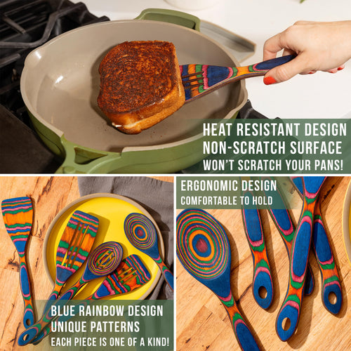 5pc Wood Cooking Utensils Set - Wooden Spoons for Cooking – Pakka Wood Utensils for Cooking and Serving – Comfortable Grip and Non Stick (Blue Rainbow)