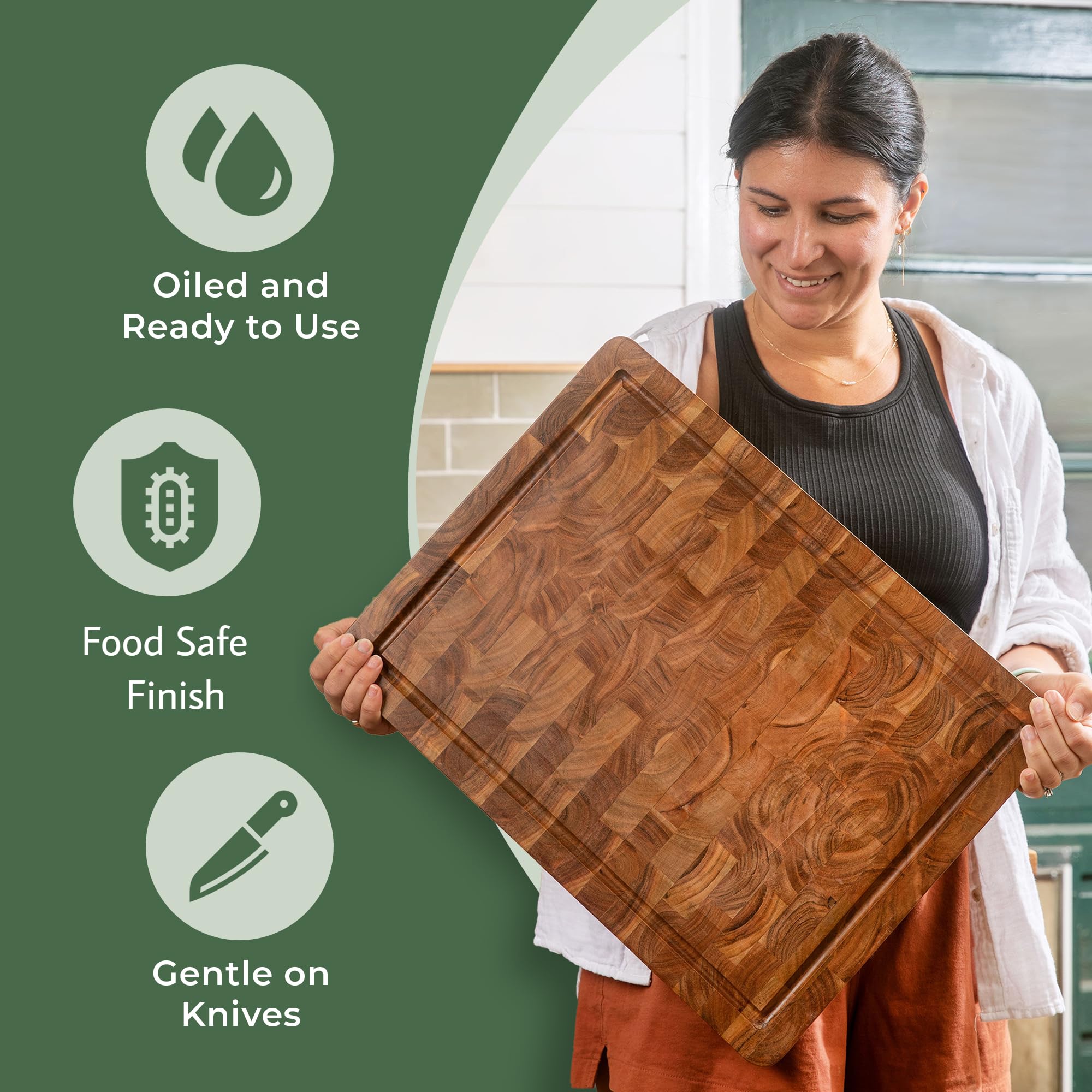 Large Acacia End Grain Wood Cutting Board with Juice Grooves and Handles, Thick Heavy-Duty Wooden Chopping Board, Extra Large Butcher Block for Kitchen - Carving Board and Cheese Board
