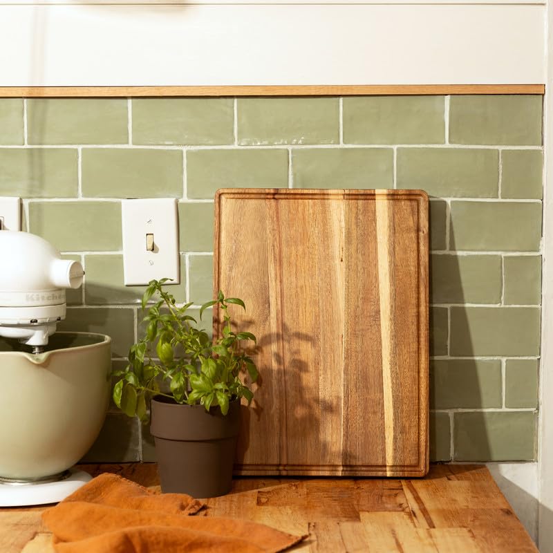 Acacia Wood Cutting Board and Chopping Boards for Kitchen, Large Reversible Butcher Block with Handles for Charcuterie, Juice Groove for Meat, Cheese Board, Vegetables, Wooden Serving Board, 16"x12"